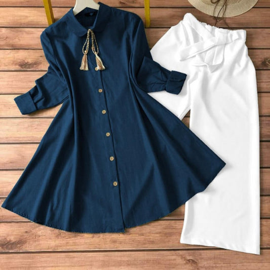 Navy Blue Color Button Kurta WIth Palazzo Set