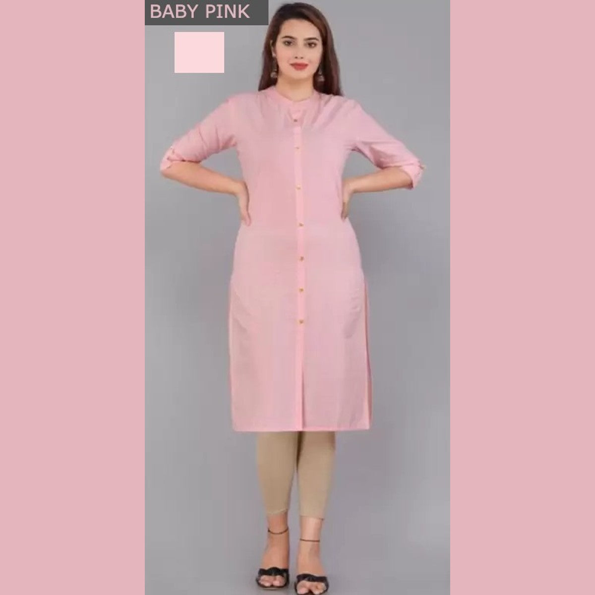 Baby Pink And Red Color Solid Cotton Kurtis (Pack Of 2)