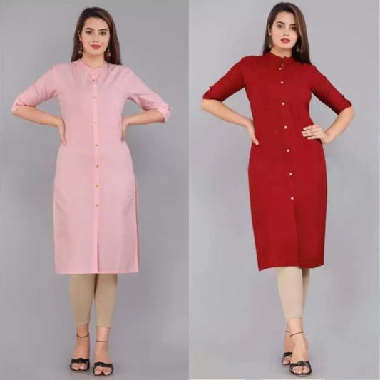 Baby Pink And Red Color Solid Cotton Kurtis (Pack Of 2)