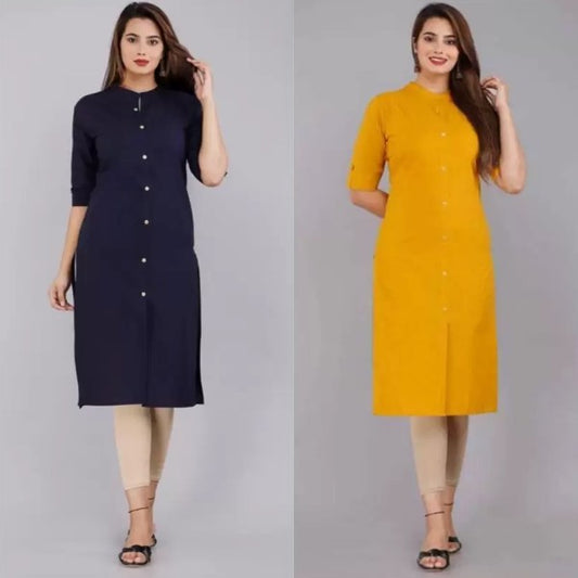 Navy Blue And Mustard Color Solid Cotton Kurtis (Pack Of 2)