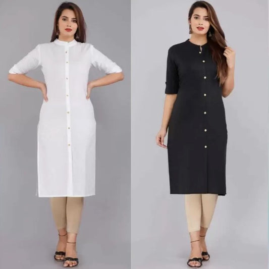 White And Black Color Solid Cotton Kurtis (Pack Of 2)