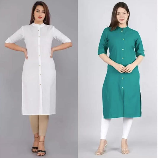 White And Cyan Green Color Solid Cotton Kurtis (Pack Of 2)