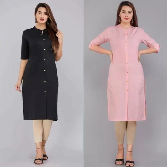 Black And Baby Pink Color Solid Cotton Kurtis (Pack Of 2)