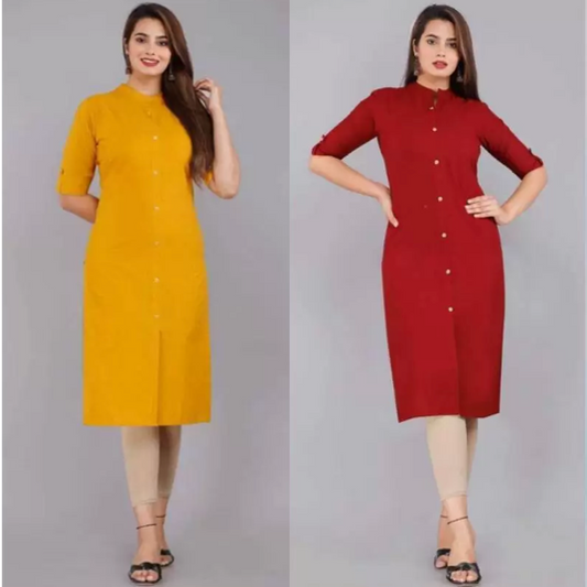 Mustard And Red Color Solid Cotton Kurtis (Pack Of 2)