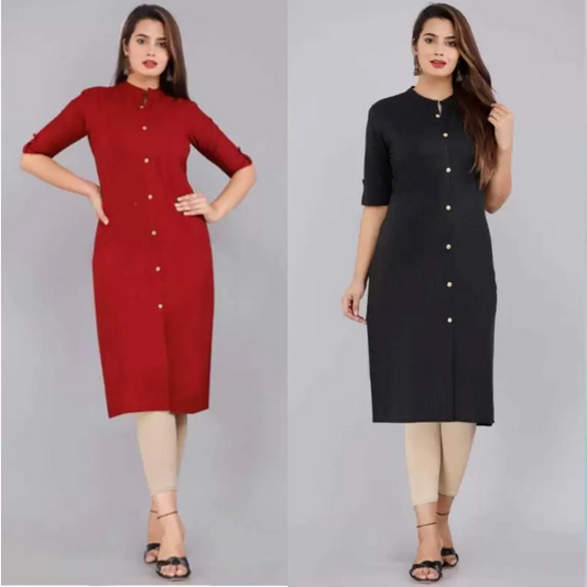 Red And Black Color Solid Cotton Kurtis (Pack Of 2)