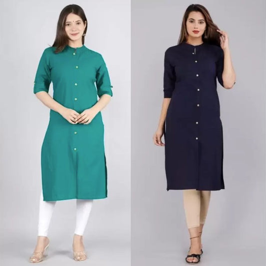 Cyan Green And Navy Blue Color Solid Cotton Kurtis (Pack Of 2)