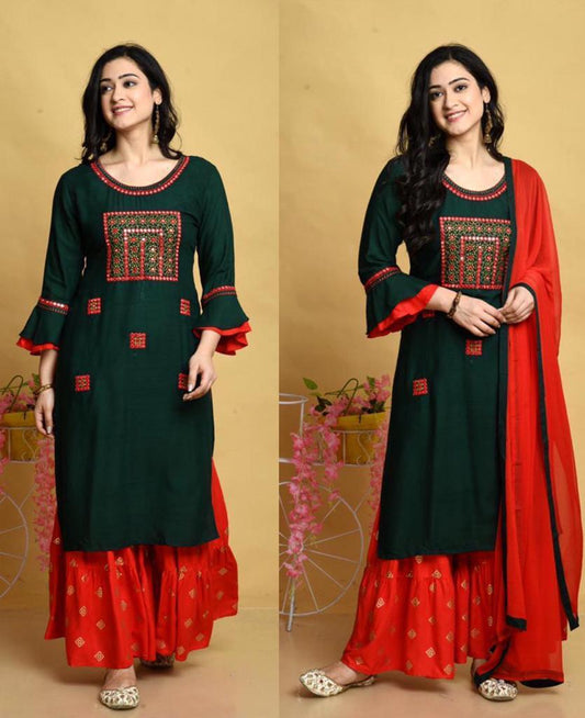 Green And Red Color Embroidered Kurta Sharara With Dupatta