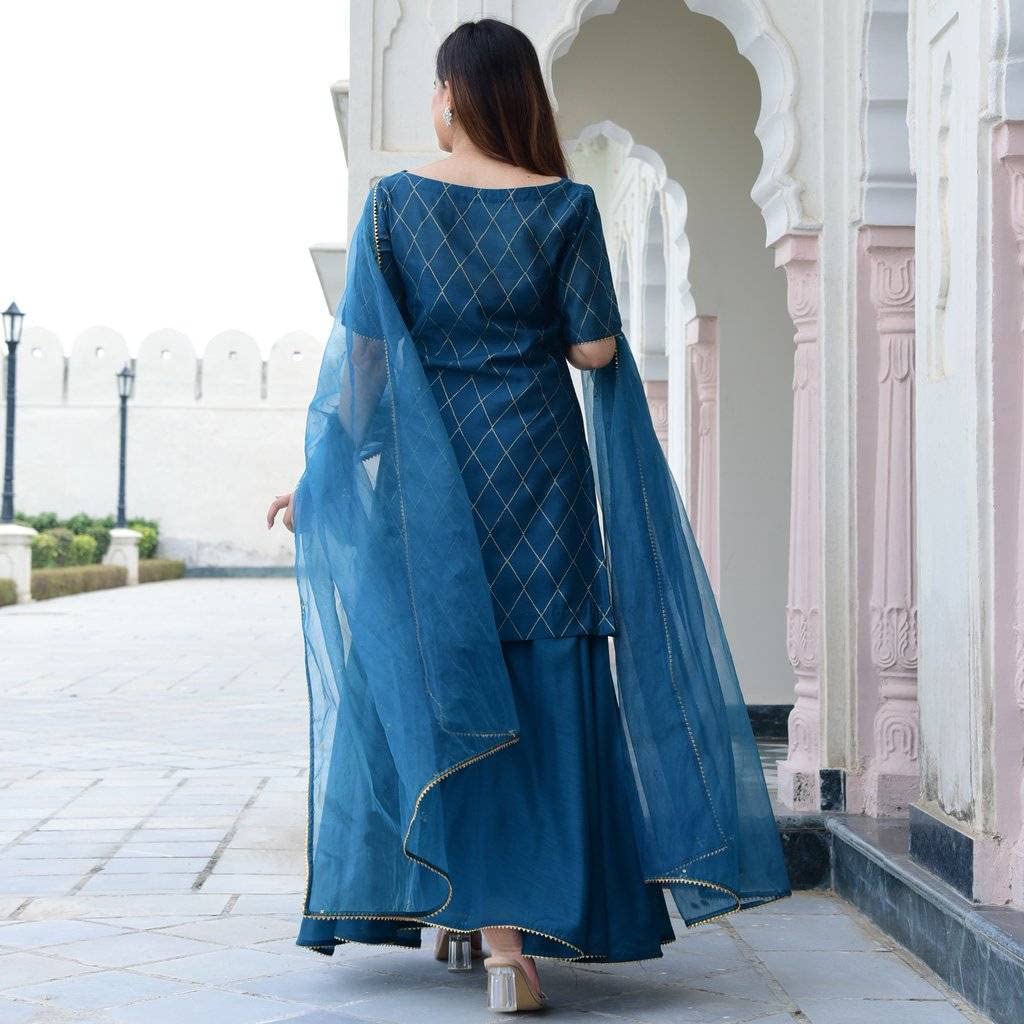 Amazing Blue Color Kurta Sharara Set With Duppata