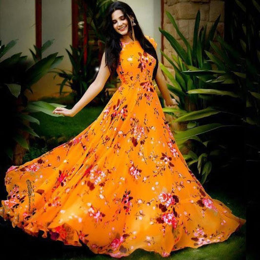 Floral Orange Color Printed Dress